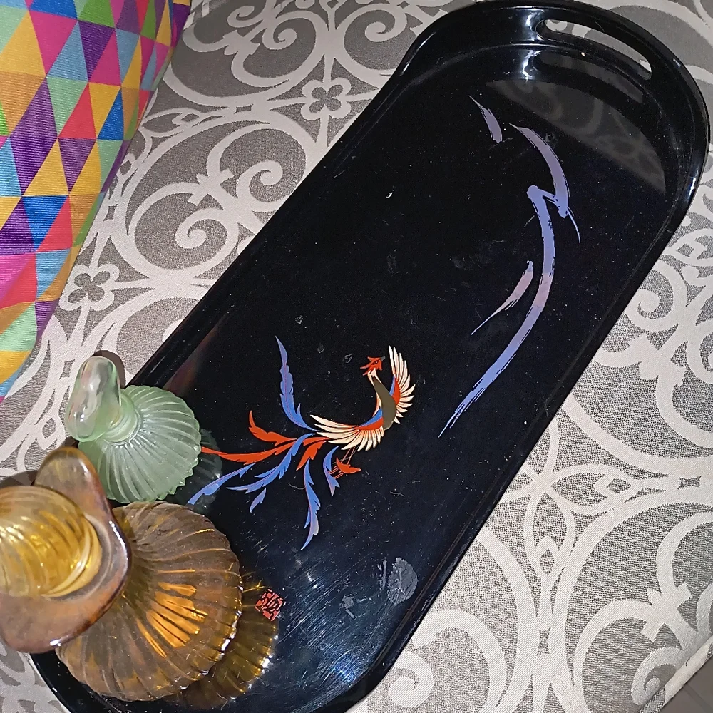 Black Lacquer Asian Bird vintage Vanity Tray